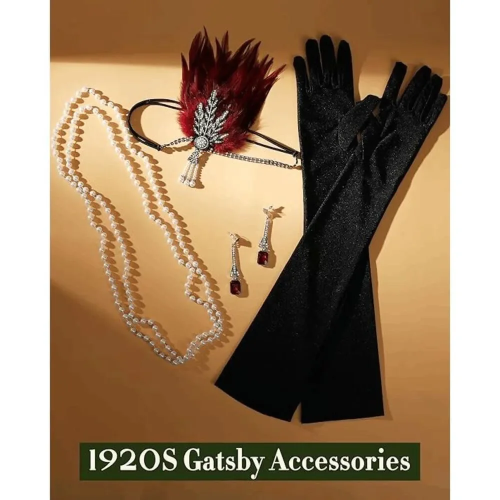 ❤️✨ 4PCS 1920s Red Accessories Flapper Great Gatsby Retro Costume Set NEW